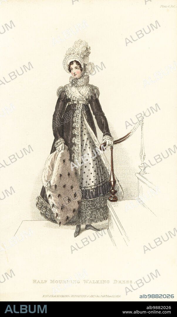 Regency lady in half-mourning walking dress and gipsy hat. Round dress of figured silk, flounce of black crepe and grey silk, velvet pelisse, gipsy hat of British Leghorn with ostrich feathers, with ermine muff. Designed by Mrs Smith of 15 Old Burlington Street. Vol. 7, Plate 4, January 1, 1819. Handcoloured copperplate engraving by Thomas Uwins from Rudolph Ackermann's Repository of Arts, Strand, London.