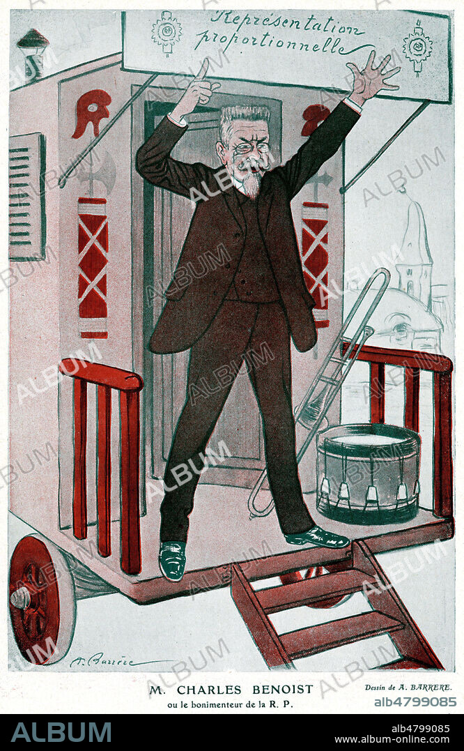 'M. Charles BENOIST ou le bonimenteur de la R.P.' : charlatan dans la roulotte de la representation proportionnelle. Caricature d'Adrien BARRERE (1874-1931) pour le Fantasio du 1 Decembre 1909. Credit : Collection KHARBINE-TAPABOR.