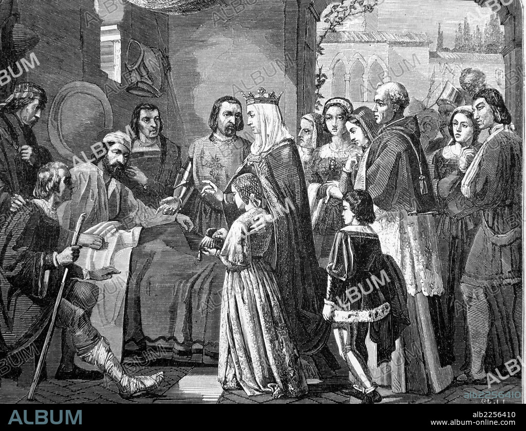 REYES CATOLICOS. FERNANDO II DE ARAGON E ISABEL I DE CASTILLA. " LA REINA VISITA EN LOJA A LOS ENFERMOS ". GRABADO SACADO DE UN CUADRO DE EUSEBIO VALLDEPERA EN EL MUSEO UNIVERSAL , AÑO 1859.
