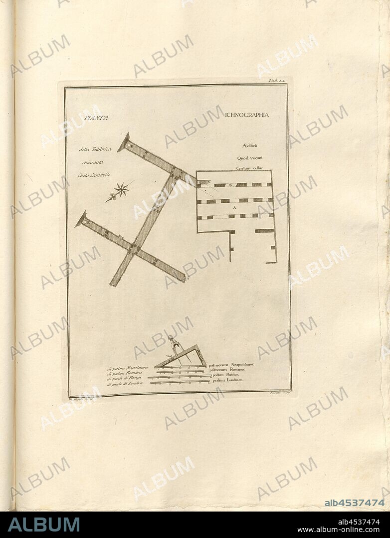 Plan of the Factory called Cento Camerelle, Ground plan of the cistern Cento Camerelle in Bacoli, signed: Th. Rajola Ar., de, Fiorillo sculp, Tab. LX, Rajola, Tommaso (del.); Fiorillo, Nicola (sc.), 1768, Paolo Antonius Paoli: Avanzi delle antichita esistenti a Pozzuoli Cuma e Baja. [Neapel]: [s.n.], Anno A.C.N.MDCCLXVIII. [1768].