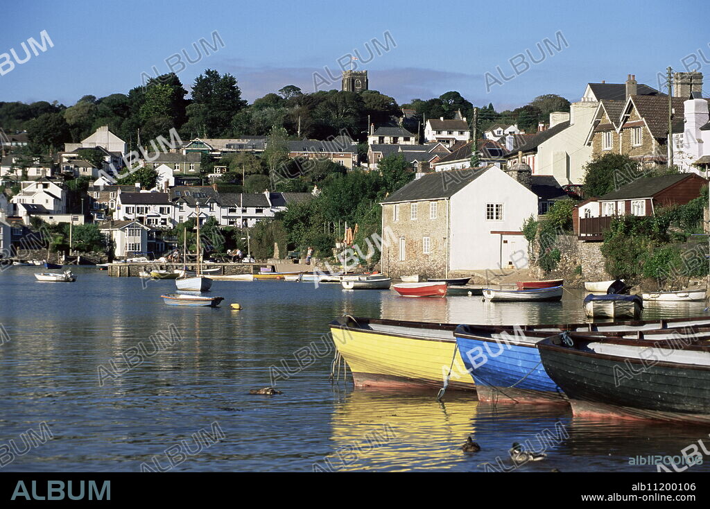 View across water from Noss Mayo to the village of Newton Ferrers, near Plymouth, Devon, England, United Kingdom, Europe.