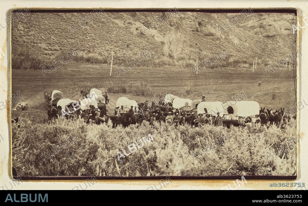 Mormon Emigrant Train, Echo Canyon. Artist: Charles William Carter (American, born Britain, 1832-1918). Dimensions: Image: 6.1 × 10.3 cm (2 3/8 × 4 1/16 in.). Date: ca. 1870.
Born in London, Charles Carter learned photography as a soldier in the British Army. In 1859 he moved to Salt Lake City in the Territory of Utah and soon joined the studio of his countryman and fellow Mormon Charles Roscoe Savage. Shortly thereafter he opened Carter's View Emporium, which catered to the rapidly growing Mormon community in Brigham Young's theocratic State of Deseret. From 1850 to 1870 the population of Salt Lake City grew on the average an astonishing 33 percent each year; by 1870 there were 86,000 residents, an increase of more than 75,000 people in two decades.
This view of a train of Conestoga wagons, or prairie schooners as they were known, is typical of the work Carter produced for sale to the Mormon pioneers. Urged by the church to emigrate to Utah, and partially aided by Young's Perpetual Emigration Fund, thousands of new converts in search of a better life set out across the country in covered wagons. Of the many trails leading west, the Mormon Trail played the largest role in the growth of population along the frontier. In the background of Carter's photograph are several telegraph poles, confirmation that even early Western communication followed the settlers. Echo Canyon is one of the two mountain passes at the very end of the trail, just outside Salt Lake City, through which Young first directed his small band of followers in the summer of 1847.
