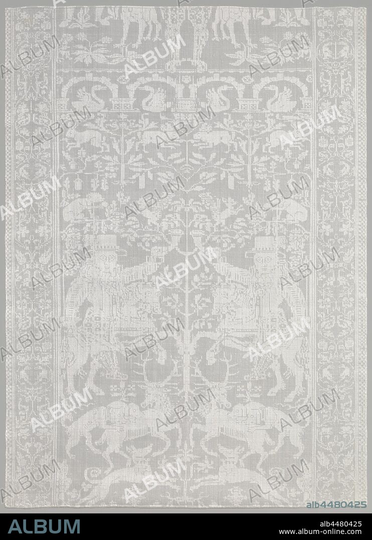 napkin with swans under bridge, White linen damask napkin with a yacht and swans under bridge. Brand Kroon HW 23, anonymous, Haarlem, 1610 - 1630, linen (material), damask, h 100 cm h 99.2 cm w 72 cm w 71.2 cm.