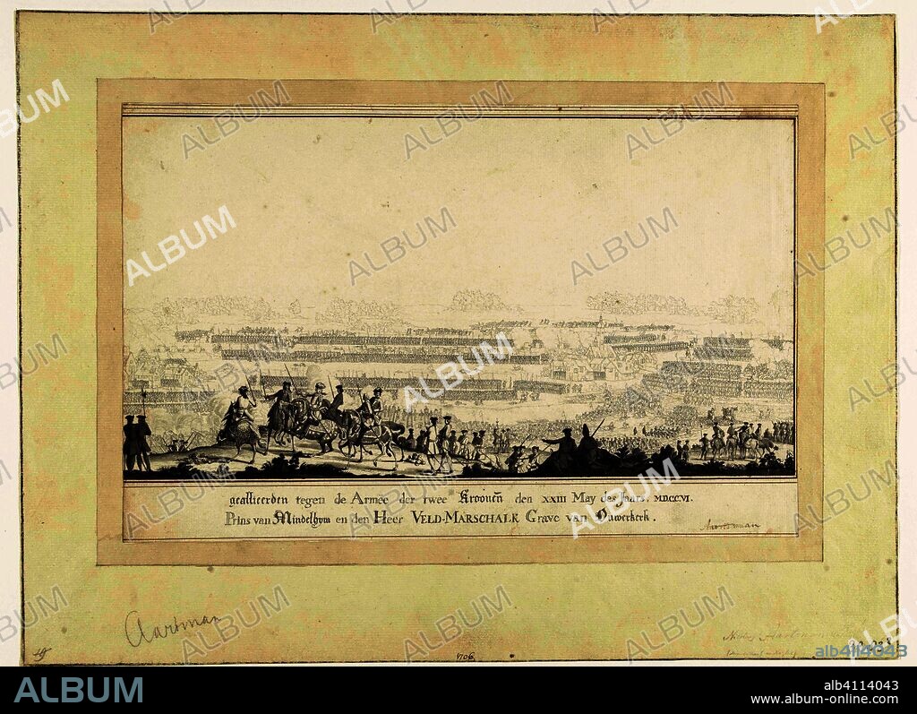 Slag bij Ramillies (rechterhelft), 1706. [De Gelorijuse Veldslag by Ramellies geleveert door de Wapenen der Hooge] geallieerden tegen de Armëe der twee kroonen den XXIII May des Jaars, MDCCVI [onder 't gesag des Doorlugtigen J: Churchil Hertog van Marlborough en] Prins van Mindelhym en den Heer Veld-Marschalk Grave van Ouwerkerk (title on object). Draughtsman: Nicolaes Aartman (mentioned on object). Dating: 1723 - 1760. Place: Northern Netherlands. Measurements: h 239 mm × w 370 mm.