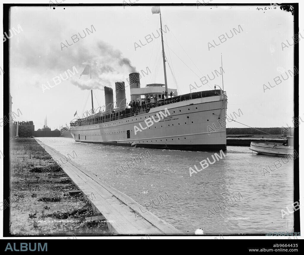 S.S. Northland [sic] at Sault Ste. Marie, between 1890 and 1899. Luxury liner 'North Land', built for the Northern Steamship Company and carrying passengers between cities bordering the Great Lakes.