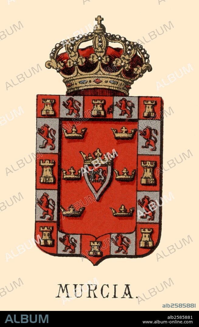 España. Heráldica. Escudo de armas de la provincia de Murcia. Grabado de 1878.