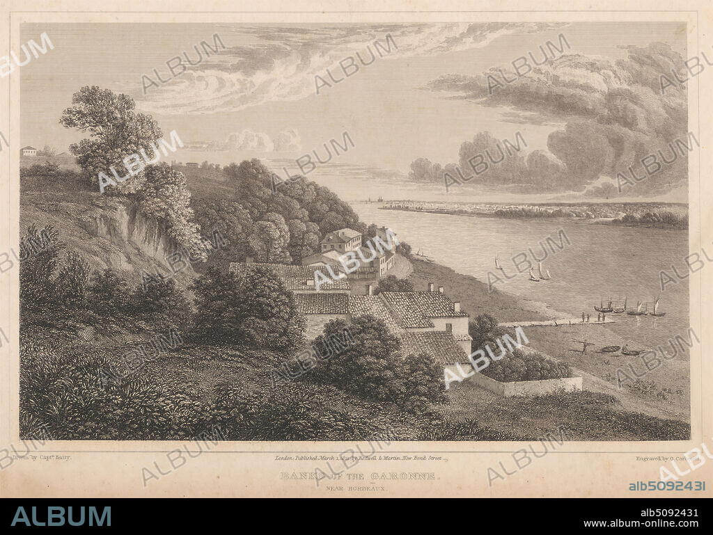 Banks of the Garonne near Bordeaux, Print made by George Corbould, 17861846, British, after Robert Batty, 17891848, British, Published by Rodwell & Martin, active 18191835, British, 1821, Line engraving on medium, slightly textured, cream wove paper.
