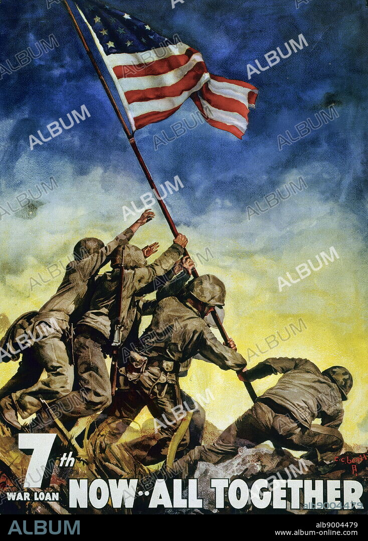 World War Two commemorative propaganda poster, showing U.S. Marines raising flag at Iwo Jima, during the advance on Japan in the Pacific war.