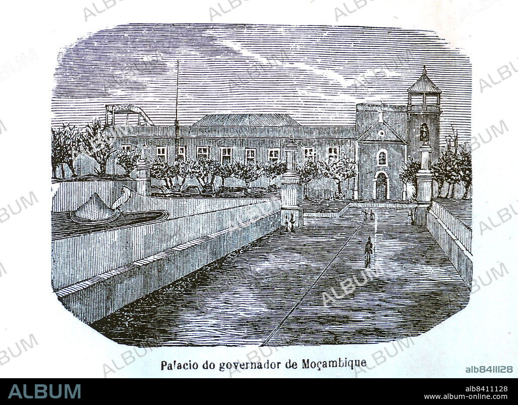 Palace of the Governor of Mozambique. The Palacio da Ponta Vermelha is the official residence of the President of Mozambique in Maputo. Black and white drawing.