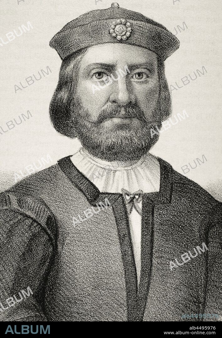 Juan de Fermoselle, conocido por Juan del Encina (1468-1529). Poeta, músico y autor teatral del Prerrenacimiento español durante el reinado de los Reyes Católicos. Dibujo por Llanta. Detalle. Litografía. Crónica General de España, Historia Ilustrada y Descriptiva de sus Provincias. Tomo Asturias y León, 1867. Biblioteca Histórico Militar de Barcelona, Cataluña, España.