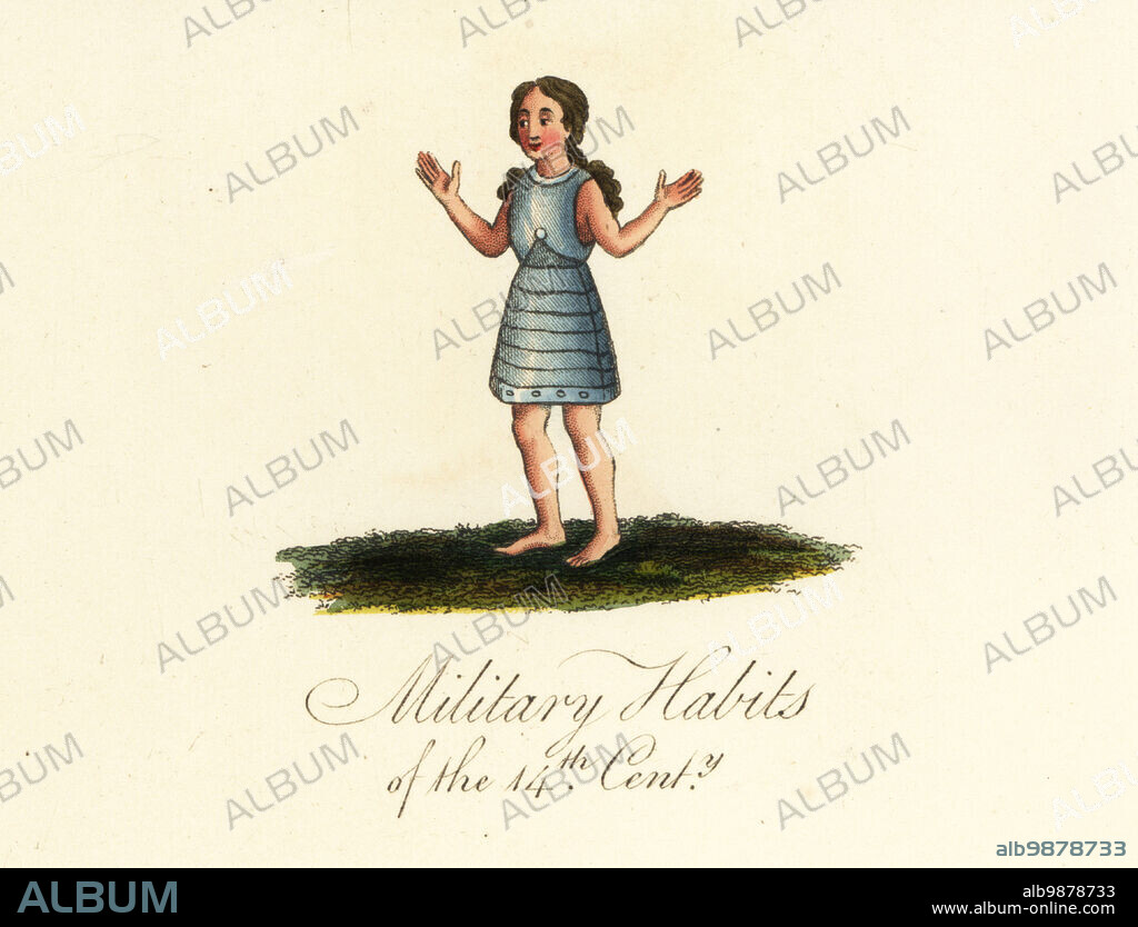 Woman wearing the gambeson, a sleeveless quilted protective garment worn under armour. Military habits of the 14th century. From a poem The Pilgrim, Cotton MS Tiberius A vii. Handcoloured engraving by Joseph Strutt from his Complete View of the Dress and Habits of the People of England, Henry Bohn, London, 1842.