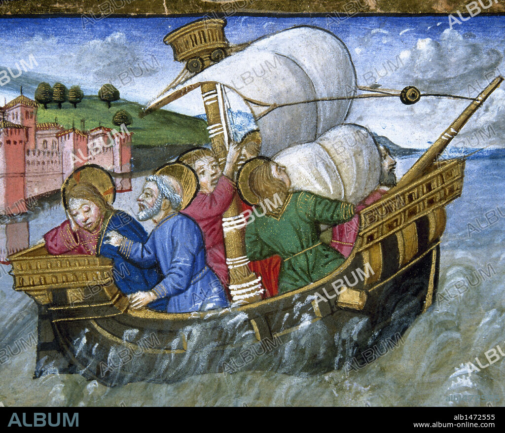 "TEMPESTAD EN EL MAR DE TIBERIADES, JESUS DICE A SUS DISCIPULOS QUE NO TEMAN". Página miniada del CODICE DE PREDIS. Renacimiento-Quattrocento (s. XV). Biblioteca Real. Turín. Italia.