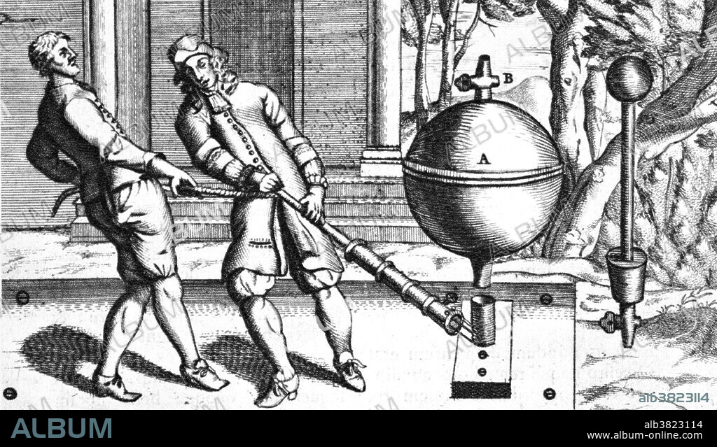 One of Otto von Guericke's experiments for proving the law of horror vacui, which says that a vacuum exists and that air has weight. Otto von Guericke (November 30, 1602 - May 21, 1686) was a German scientist, inventor, and politician. His major scientific achievements were the establishment of the physics of vacuums, the discovery of an experimental method for clearly demonstrating electrostatic repulsion, and his advocacy of the reality of "action at a distance" and of "absolute space". Around 1650 von Guericke invented a vacuum pump consisting of a piston and an air gun cylinder with two-way flaps designed to pull air out of whatever vessel it was connected to, and used it to investigate the properties of the vacuum in many experiments. His scientific concerns may be divided into three areas, to each of which a Book of the Experimenta Nova is dedicated as follows: Book II; the nature of space and the possibility of the void, Book III: the experimental work on the production of vacua, the pressure of air and the Earth's atmosphere, and Book IV: the investigation into cosmic potencies. In 1677 von Guericke, after repeated requests, was reluctantly permitted to step down from his civic responsibilities. He died peacefully in his sleep in 1686 at the age of 83.