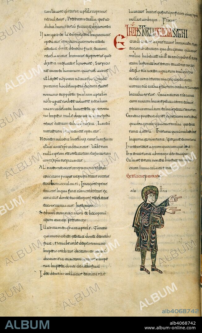 PETRUS, BEATUS OF LIÃ©BANA et DOMINICUS. Chapter 14. St John. Silos Apocalypse. Spain [Silos]; 1109. [Whole folio] Book of Revelation, chapter 14. In the lower margin, a standing figure of St John pointing to the event illustrated on the following folio. He wears a cloak over a short tunic, stockings on his feet, and a nimbus  Image taken from Silos Apocalypse.  Originally published/produced in Spain [Silos]; 1109. . Source: Add. 11695, f.163v. Language: Latin.