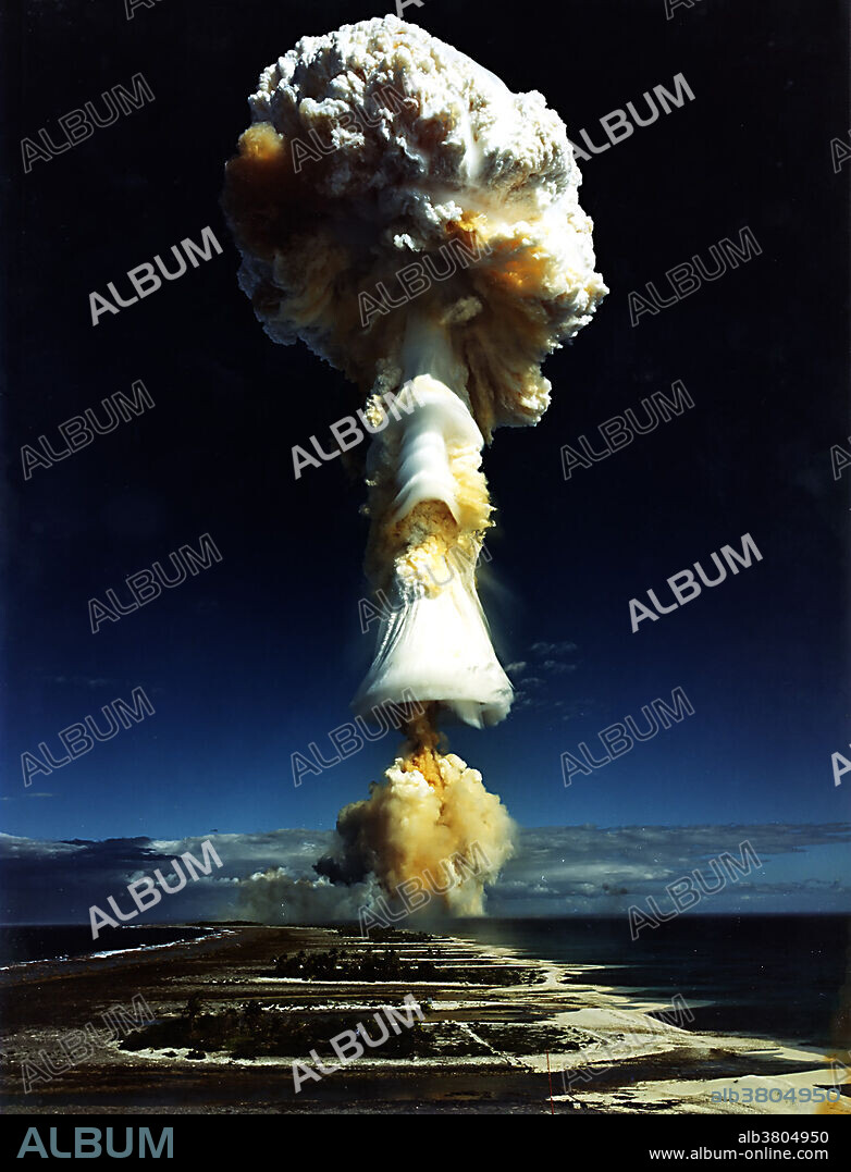 France pursued a series of nuclear tests from 1966 through 1996 at Mururoa Atoll, French Polynesia. This photograph is from the 914-kiloton Licorne (Unicorn) test, July 3, 1970. Fangataufa is permanently uninhabited. It is classified as a Common Military Zone. The zone includes the lagoon areas enclosed by the atoll and by baselines linking the closest points emerging from the reef on both sides of the channel. Entry is prohibited without authorization.