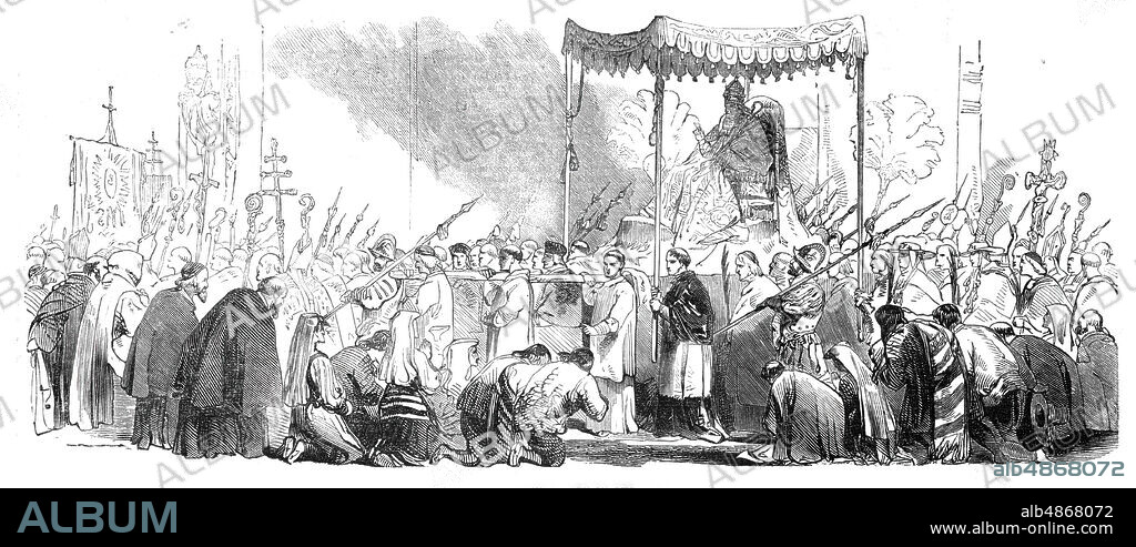 Palm Sunday, procession in the Sala Regia, 1844. Easter in Rome: '...blessing and distributing palm or olive branches...in commemoration of what the Jews did when Jesus entered into Jerusalem. The principal function on that day takes place in the Papal chapel, or "Sixtine," at the Vatican, where the Pope officiates, and blesses the palms, after which the "Passion" is beautifully chaunted; and there is a procession round the Sala Regia, the large and splendid hall, which connects the two Papal chapels, Sistina and Paolina'. From "Illustrated London News", 1844, Vol I.