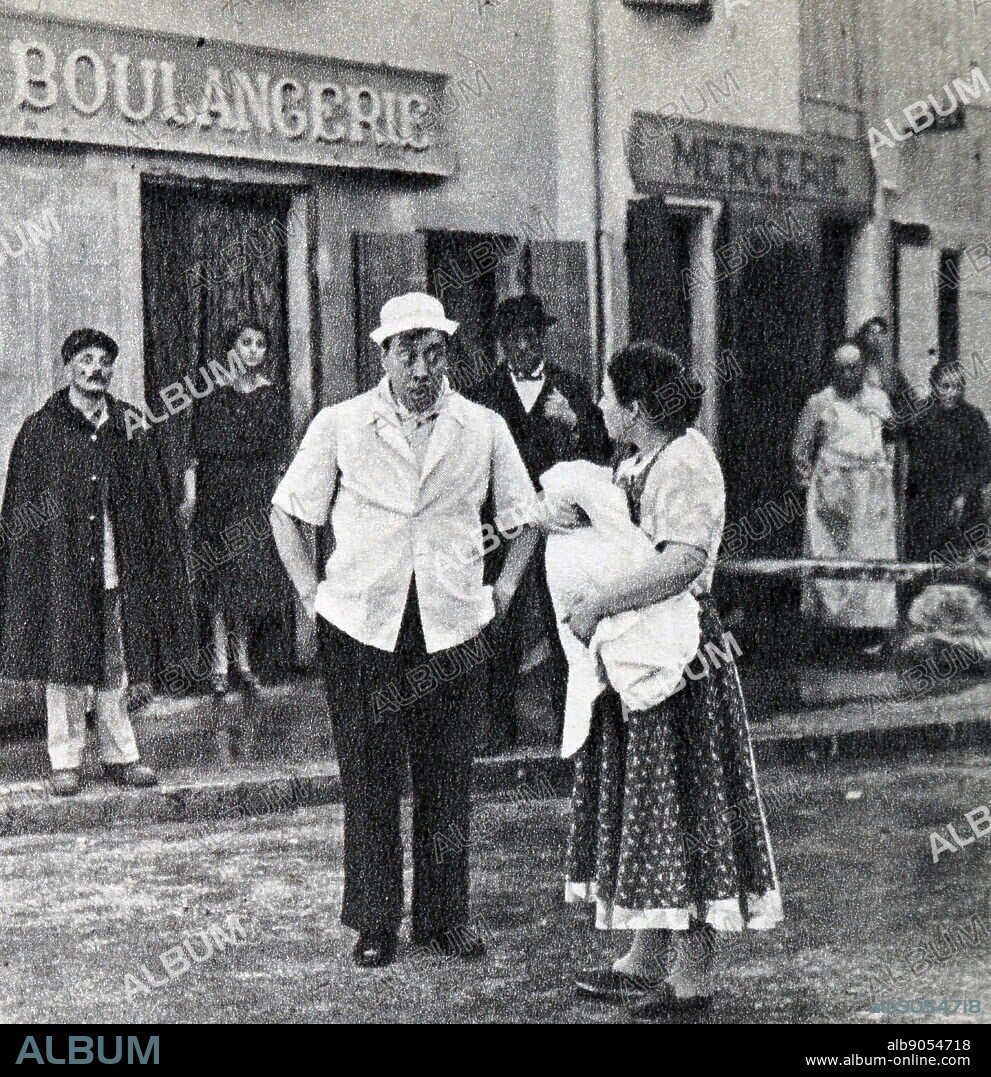 Film still from 'The Baker of Valorgue' starring Pierrette Bruno, Edmond Ardisson, Fernandel, and Georges Chamarat.
