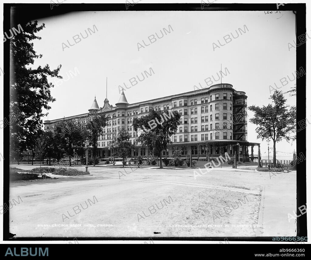 Chicago Beach Hotel, Chicago, 1900 Dec 4, . Luxury resort hotel built in 1892 by Warren Leland to accommodate visitors to the upcoming Columbian Exposition of 1893.