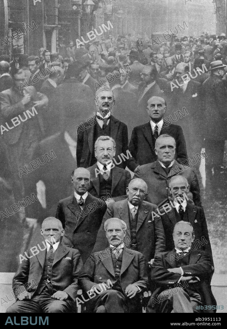 National Government composed of members from the three main political parties, 1931 (1937). An economic crisis in 1931 led to the resignation of Ramsay MacDonald's Labour government. After talks with the King and the leaders of the Conservative and Liberal parties, MacDonald agreed to lead a National Government with ministers drawn from all three parties in order to balance the budget and restore confidence in the economy. The Labour Party was firmly opposed to the National Government and expelled all its members who joined and supported it, including MacDonald. A print from The Story of Seventy Momentous Years, the Life and Times of King George V, 1865-1936, editor Harold Wheeler, Odhams Press Ltd, London, 1937.