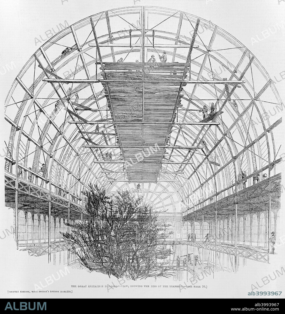 The ribs of the Transept under construction at the Great Exhibition building in Hyde Park, London, 1851. The 'Great Exhibition of the Works of the Industry of all Nations' was conceived by Prince Albert. Crystal Palace was built to house this exhibition and was the first large-scale prefabricated ferrovitreous (iron and glass) structure. It was designed by the landscape designer Joseph Paxton. From the Illustrated London News.