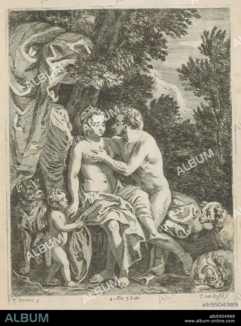 Venus and Adonis, The lovers Venus and Adonis are seated in a landscape. Amor stands beside her and they are surrounded by dogs. This print is part of an album., print maker: Theodorus van Kessel, (mentioned on object), after painting by: Paolo Veronese, (mentioned on object), publisher: David Teniers (II), print maker: Southern Netherlands, after painting by: Italy, publisher: Brussels, 1660, paper, etching, height 221 mm × width 170 mm.