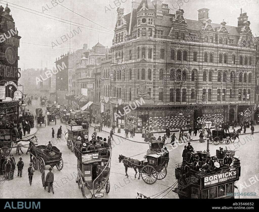 Tottenham Court Road Corner, London, England in the late 19th century. From Living London, published c.1901.
