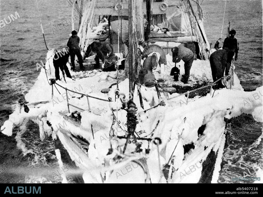 The  forecastle of the SY Aurora sheathed with ice after a blizzard in Commonwealth Bay. The Australasian Antarctic Expedition was a 1911-14 expedition headed by Douglas Mawson that explored the largely uncharted Antarctic coast due south of Australia. During its time in Antarctica, the expedition's sledging parties covered around 2,600 miles of unexplored territory, while its ship, SY Aurora, navigated 1,800 miles of unmapped coastline. Scientific activities included meteorological measurements, magnetic observations, an expansive oceanographic program, and the collection of many biological and geological samples, including the discovery of the first meteorite found in Antarctica. Photographed by Frank Hurley (cropped and cleaned).