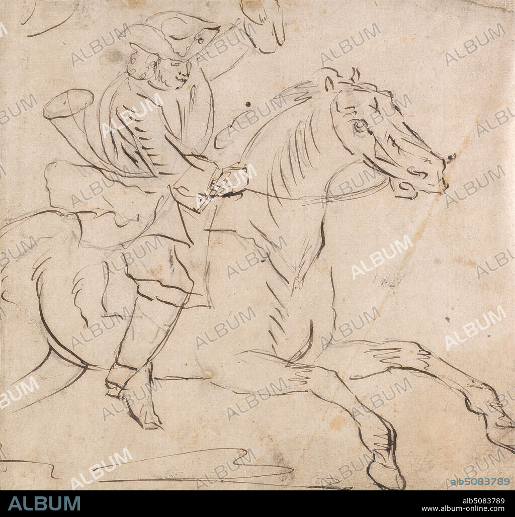 Huntsman Galloping: Left Arm Upraised, His Horn Slung Over His Left Shoulder, Possibly James Seymour, 17021752, British, undated, Pen, in brown ink, and graphite on medium, moderately textured, beige, laid paper, Mount: 13 3/16 × 13 9/16 inches (33.5 × 34.4 cm), Contemporary drawn border: 9 × 9 1/2 inches (22.9 × 24.1 cm), and Sheet: 7 7/8 × 8 5/16 inches (20 × 21.1 cm), figure study, galloping, horn, post, horse (animal), horseback riders, horseback riding, hunt, hunter, hunting, man, sporting art.