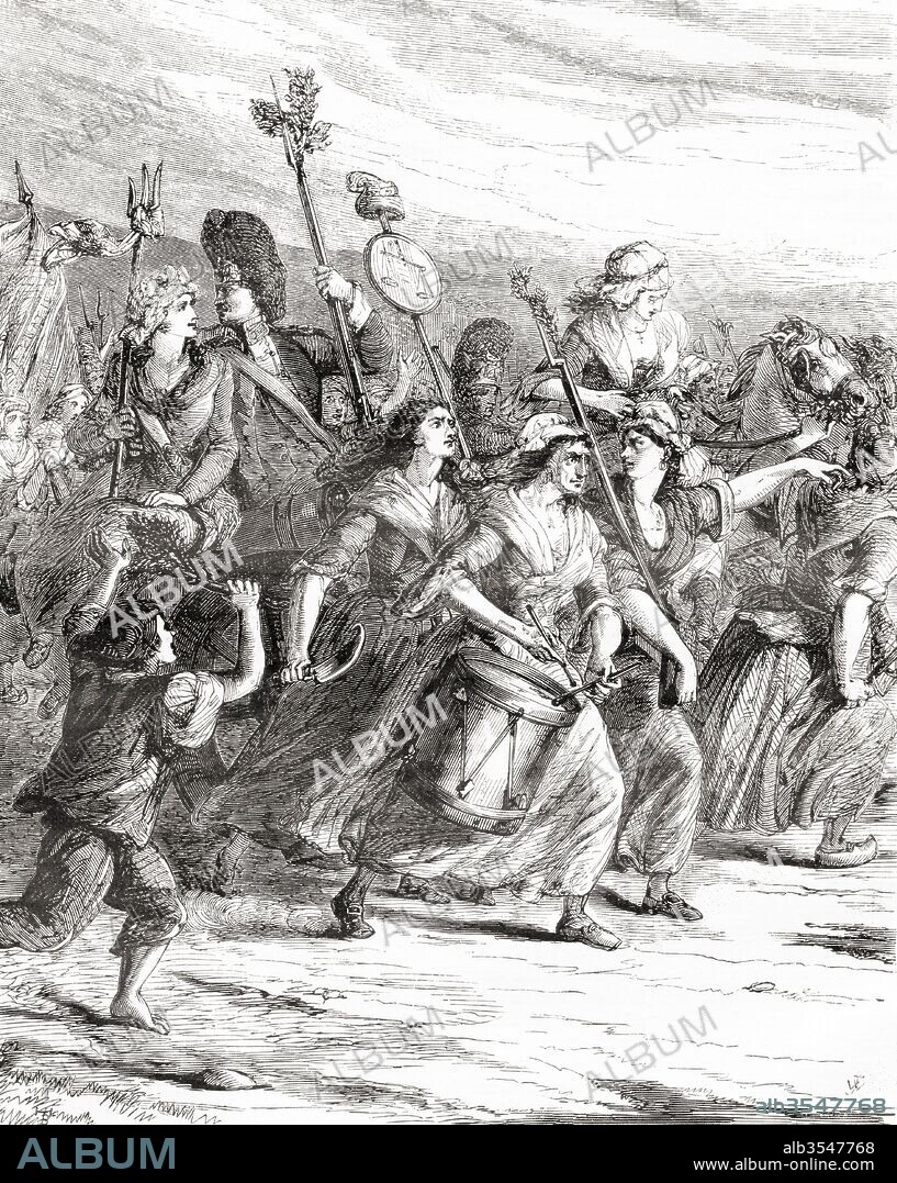 March of the poissardes, or market women, to Versailles on 5th October 1789 during the French Revolution, to demand bread and justice. From Cassell's Illustrated History of England, published 1861.