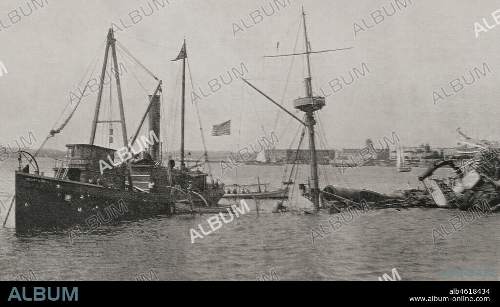 Isla de Cuba. La Habana. Remolcador a vapor norteamericano "Right Arm", de la empresa contratista para la extracción del casco del "Maine". El acorazado estadounidense "Maine" se hundió tras una explosión el 15 de febrero de 1898 en el puerto de La Habana. El hecho, ocurrido durante la guerra de independencia cubana, sirvió de pretexto a los Estados Unidos para declarar la guerra a España. Fotograbado. La Ilustración Española y Americana, 1898.