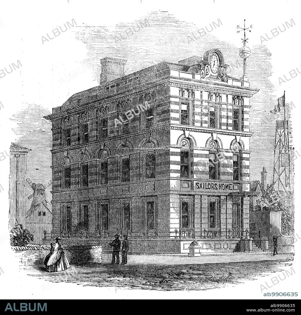 The Sailors' Home at Great Yarmouth, [Norfolk], 1861. 'The Great Yarmouth Beachmen and Fishermen's Institute, British and Foreign Sailors' Home, and Refuge for the Shipwrecked of All Nations...consists of four stories and a basement [which]...is open night and day, affording warm baths, dry clothing, the means of washing and drying the clothes of the shipwrecked, and all necessary appliances for the restoration of suspended animation...On the ground floor is the coffee, news, and smoking room, open to every seafarer, gratis, at all hours...the museum...contains...an extensive collection of maritime charts, maps, and nautical instruments, and newspapers of the day'. From "Illustrated London News", 1861.