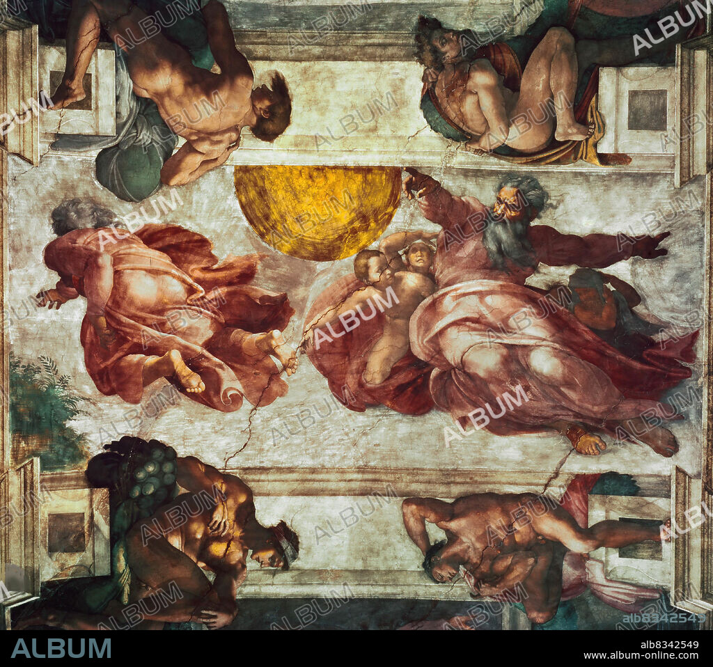 MICHELANGELO BUONARROTI. The Creation of the Sun, the Moon and the Plants. Sistine Chapel ceiling in the Vatican.