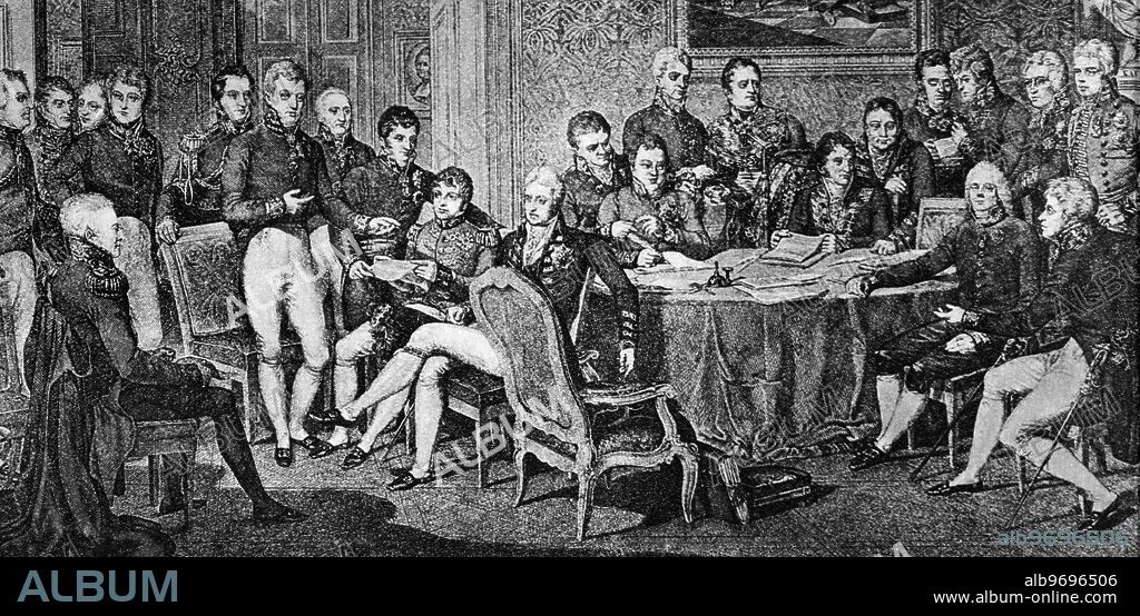 The Congress of Vienna , a painting by Jean-Baptiste Isabey , 1815 , when the Principal Powers met to redraw the map of Europe . It was chaired by the Austrian statesman Klemens Wenzel von Metternich. September 1814 to 9 June 1815.