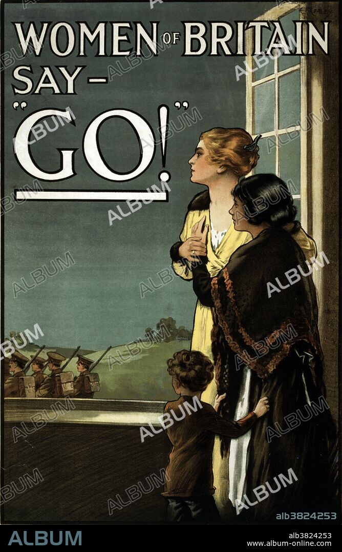 Entitled: "Women of Britain say - Go!" Poster showing two women and a child looking out a window, as soldiers march away. In August 1914, 300,000 men signed up to fight, and another 450,000 had joined up by the end of September. Recruitment remained fairly steady through 1914 and early 1915, but it fell dramatically during the later years, especially after the Somme campaign, which resulted in 360,000 casualties. Conscription for single men was introduced in January 1916. Four months later, in May 1916, it was extended to all men aged 18 to 41. Artist E.(P.?) Kealey, Parliamentary Recruiting Committee, 1915.