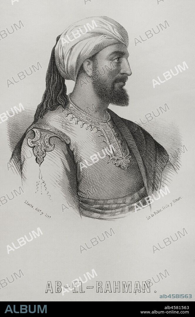 Abderramán I (731-788). Emir musulmán de Al-Andalus (756-787). Emir de Códoba. Dinastía Umawi. Dibujo por Llanta. Litografía. Crónica General de España, Historia Ilustrada y Descriptiva de sus Provincias. Castilla-La Vieja,1870. Biblioteca Histórico Militar de Barcelona, Cataluña, España.