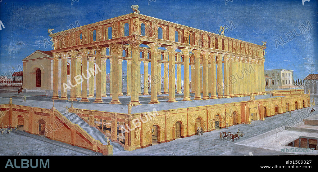 Roman civilization. Reconstruction of Roman basilica of the 1st century b.C., fresco.