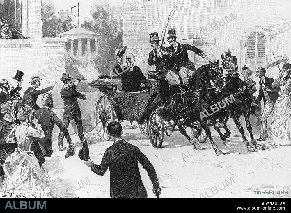 Bismarck, Otto von; chancelier allemand. 1815-1898. - "L'attentat de Kullman sur Bismarck". (Kissingen, 13 juil. 1874; le compagnon tonnelier Eduard Kullmann, 1853-1892, blesse Bismarck avec un pistolet lors du "Kulturkampf"). Gravure sur bois, d'époque, d'ap. un dessin de Karl Arnold.
