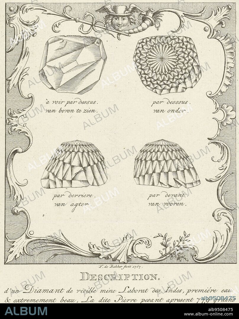 Four views of the Orlov (Orloff) diamond, Frans de Bakker, 1767, Four views of the Orlov (Orloff) diamond. With a descriptive caption in French and Dutch about the diamond and its Iranian owner Gregorio Saffraz of Amsterdam. The 189-carat diamond was auctioned in Amsterdam in 1767 and sold to Count Grigory Orlov (1734-1783). He gave the diamond as a gift to his mistress Empress Catherine the Great (1729-1796) and she had the diamond set in the imperial scepter in 1774., print maker: Frans de Bakker, (mentioned on object), Amsterdam, 1767, paper, etching, engraving, h 210 mm × w 123 mm.