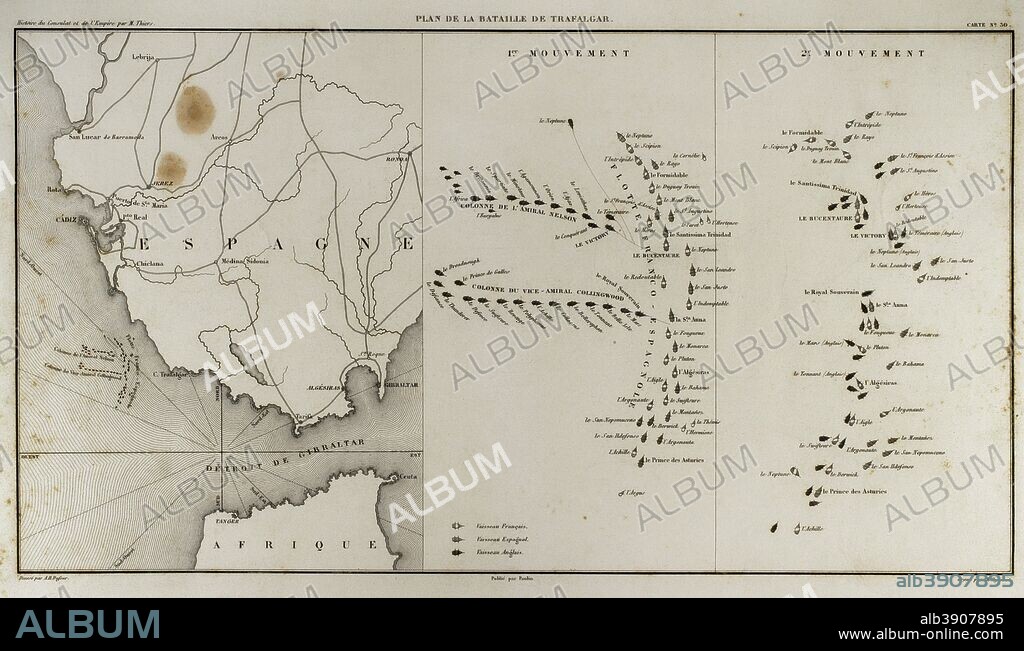 Napoleonic map. Battle of Trafalgar (21st October 1805). Belligerents: United Kingdom and France, Spain. War of the Third Coalition in the context of Napoleonic Wars. Atlas de l'Histoire du Consulat et de l'Empire. History of the Consulate and the Empire of France under Napoleon by Marie Joseph Louis Adolphe Thiers (1797-1877). Drawings by Dufour, engravings by Dyonnet. Edited in Paris, 1864.