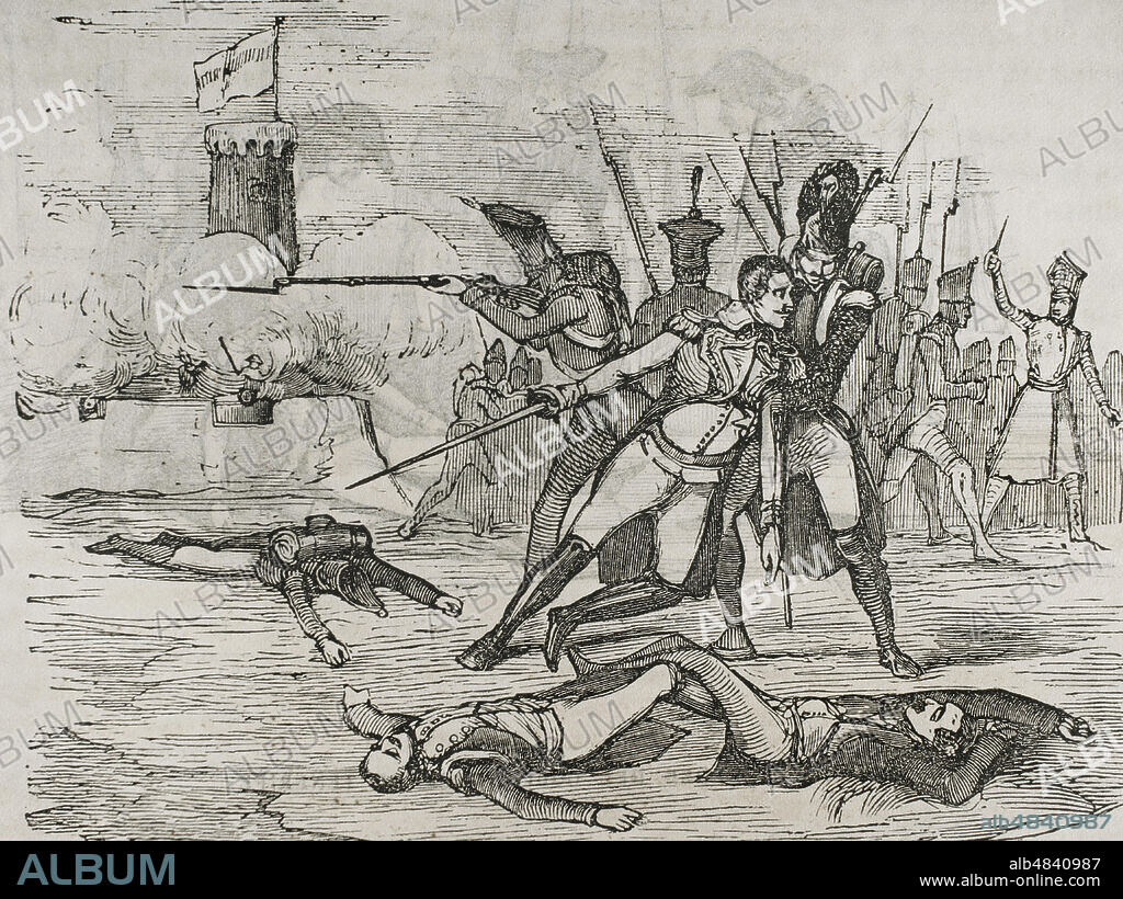 Guerra anglo-española (1796-1802). Batalla de Santa Cruz de Tenerife (25 de julio de 1797). Ataque del almirante británico Horacio Nelson, contra la ciudad de Santa Cruz de Tenerife (Islas Canarias) con victoria española, tras la defensa de la ciudad, por las Milicias Canarias bajo el mando del general Antonio Gutiérrez de Otero. Nelsón resulto herido. Derrota de Nelson en Tenerife. Grabado. "Historia del Levantamiento, Guerra y Revolución de España, por el Conde de Toreno. Madrid,1851.