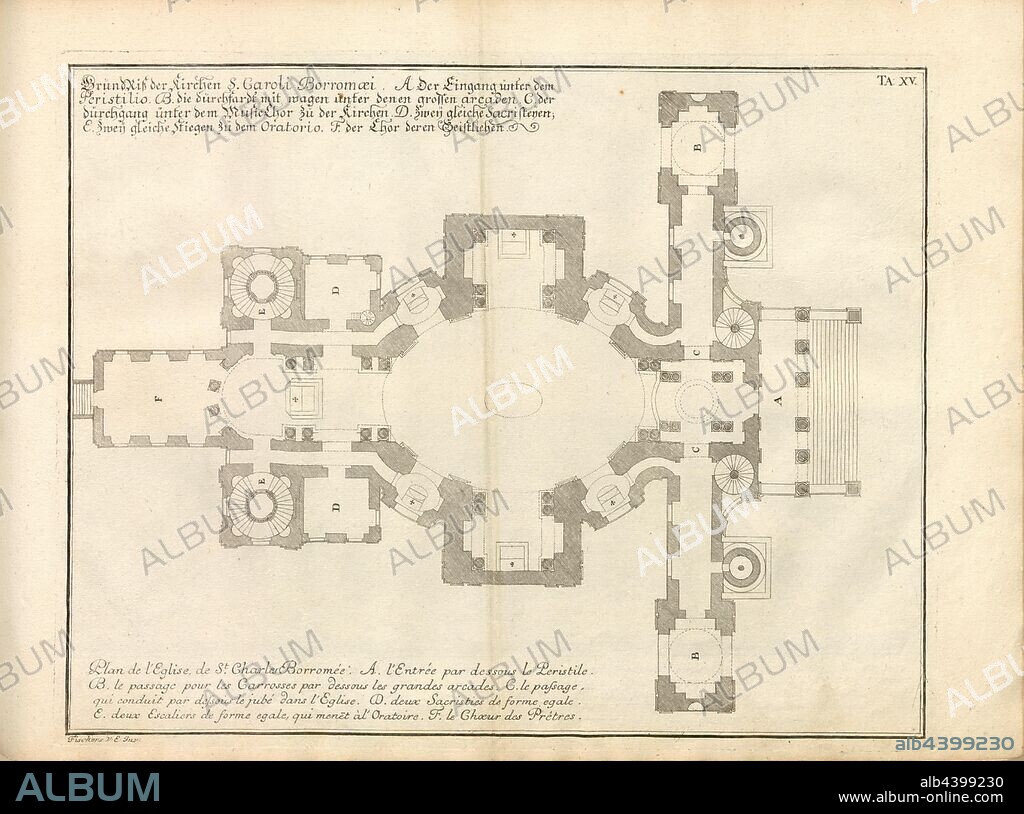 Reason crack of the churches S. Caroli Borromaei, Ground plan of the Karlskirche in Vienna from the 18th century, signed: Fischer V. E. inv, TA., XV, p. 196, Fischer von Erlach, Johann Bernhard (inv.), Johann Bernhard Fischer von Erlach: Entwurff einer historischen Architectur, in Abbildung unterschiedener berühmten Gebäude, des Alterthums, und fremder Völcker, umb aus den Geschichtbüchern, Gedächtnüsz-Müntzen, Ruinen, und eingeholten wahrhafften Abriszen, vor Augen zu stellen [...]. Viertes Buch. Wien, 1721.
