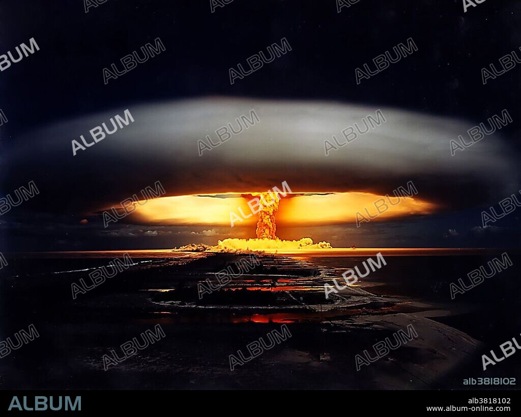 France pursued a series of nuclear tests from 1966 through 1996 at Mururoa Atoll, French Polynesia. This photograph is from the 914-kiloton Licorne (Unicorn) test, July 3, 1970. Fangataufa is permanently uninhabited. It is classified as a Common Military Zone. The zone includes the lagoon areas enclosed by the atoll and by baselines linking the closest points emerging from the reef on both sides of the channel. Entry is prohibited without authorization.