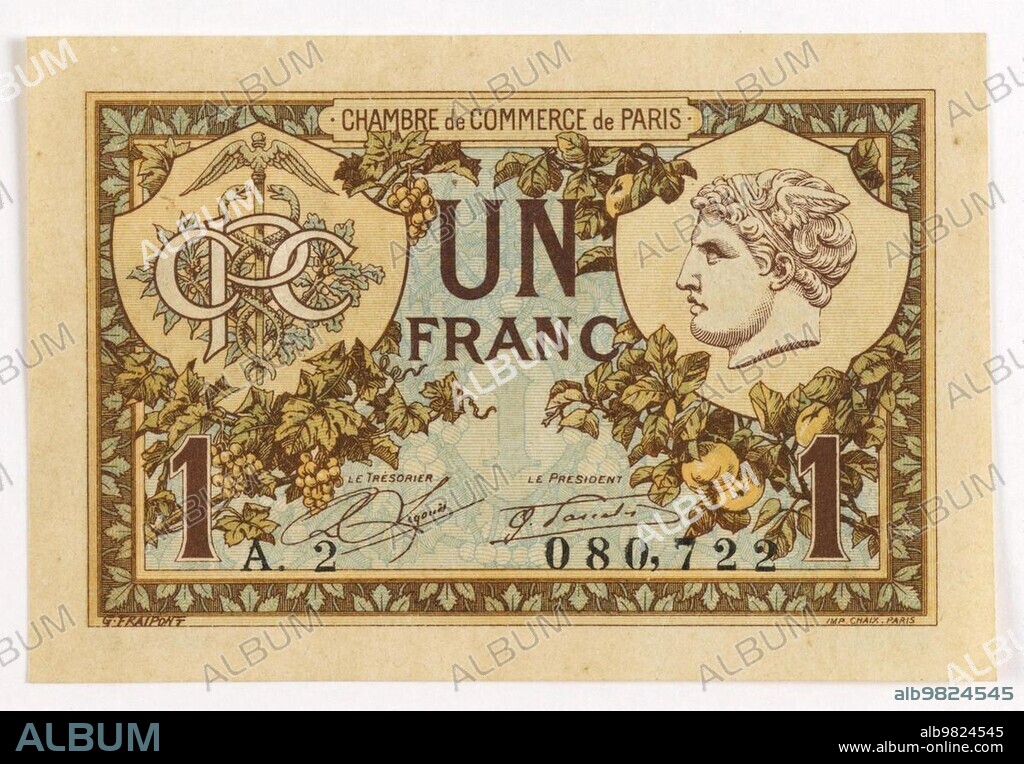 Emergency money, inflation, banknote of 1 franc from the Chamber of Commerce in Paris, 1920, France, Historical, digitally restored reproduction from a 19th century original