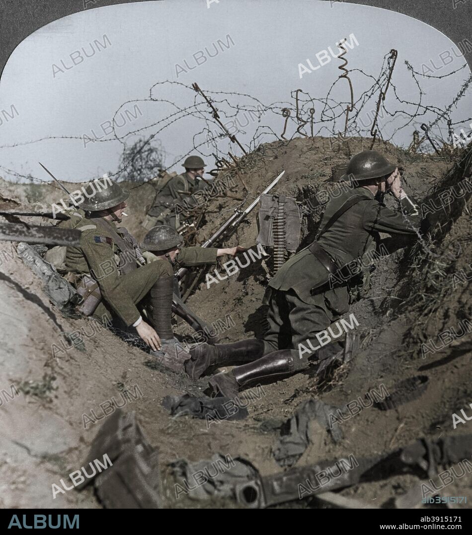 Observation officer and signallers keep a sharp lookout, St Quentin, France, World War I, 1914-1918. Stereoscopic card detail. (Colorised black and white print).