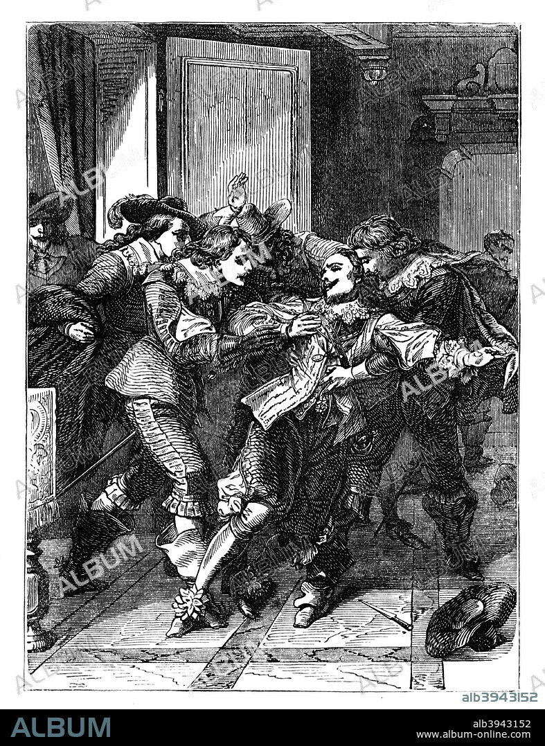 The assassination of Lord Buckingham, c1902. George Villiers, the Duke of Buckingham, was stabbed to death by John Felton in Portsmouth on 23 August 1628. Felton, a disgruntled soldier, was a member of one of Buckingham's unsuccessful expeditions - this time against France. Although Felton was a hero in the public's eyes for having killed the hated royal favourite, he was condemned to death and hanged at Tyburn on 29 November 1628.