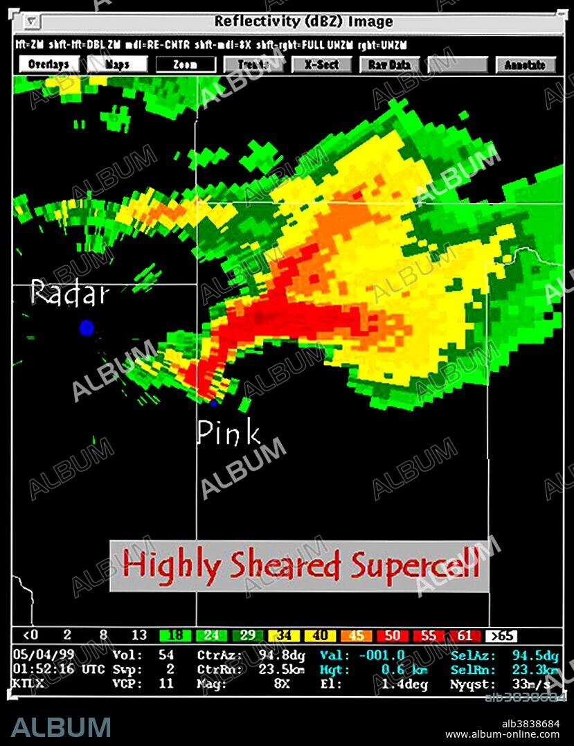 Elongated appearance of reflectivity image showing highly sheared tornadogenic supercell storm with hook echo on SW quadrant of storm. May 4, 1999, 0152 UTC. The hook echo is one of the classical hallmarks of tornado-producing supercell thunderstorms as seen on a weather radar. The echo is produced by rain, hail, or even debris being wrapped around the supercell. The National Weather Service considers the presence of a hook echo as sufficient to justify issuing a tornado warning. A supercell is a thunderstorm that is characterized by the presence of a mesocyclone: a deep, continuously-rotating updraft. For this reason, these storms are sometimes referred to as rotating thunderstorms. Of the four classifications of thunderstorms (supercell, squall line, multi-cell, and single-cell), supercells are the overall least common and have the potential to be the most severe. Supercells are often isolated from other thunderstorms, and can dominate the local climate up to 20 miles away. Supercells can occur anywhere in the world under the right pre-existing weather conditions, but they are most common in the Great Plains of the United States.
