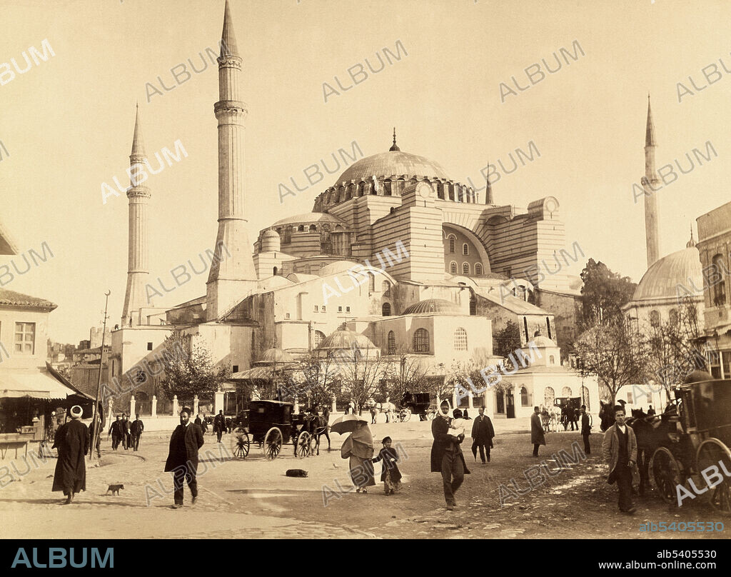 Sancta Sophia; Abdullah Frères (Armenian, active 1860s - 1890s); 1858 - 1899; Albumen silver print. Built in 537 as the patriarchal cathedral of the imperial capital of Constantinople, the Hagia Sophia was the largest Christian church of the eastern Roman Empire (the Byzantine Empire) and the Eastern Orthodox Church, except during the Latin Empire from 1204 to 1261, when it became the city's Roman Catholic cathedral. In 1453, after the Fall of Constantinople to the Ottoman Empire, it was converted into a mosque. In 1935 the secular Turkish Republic established it as a museum. In 2020, it re-opened as a mosque.