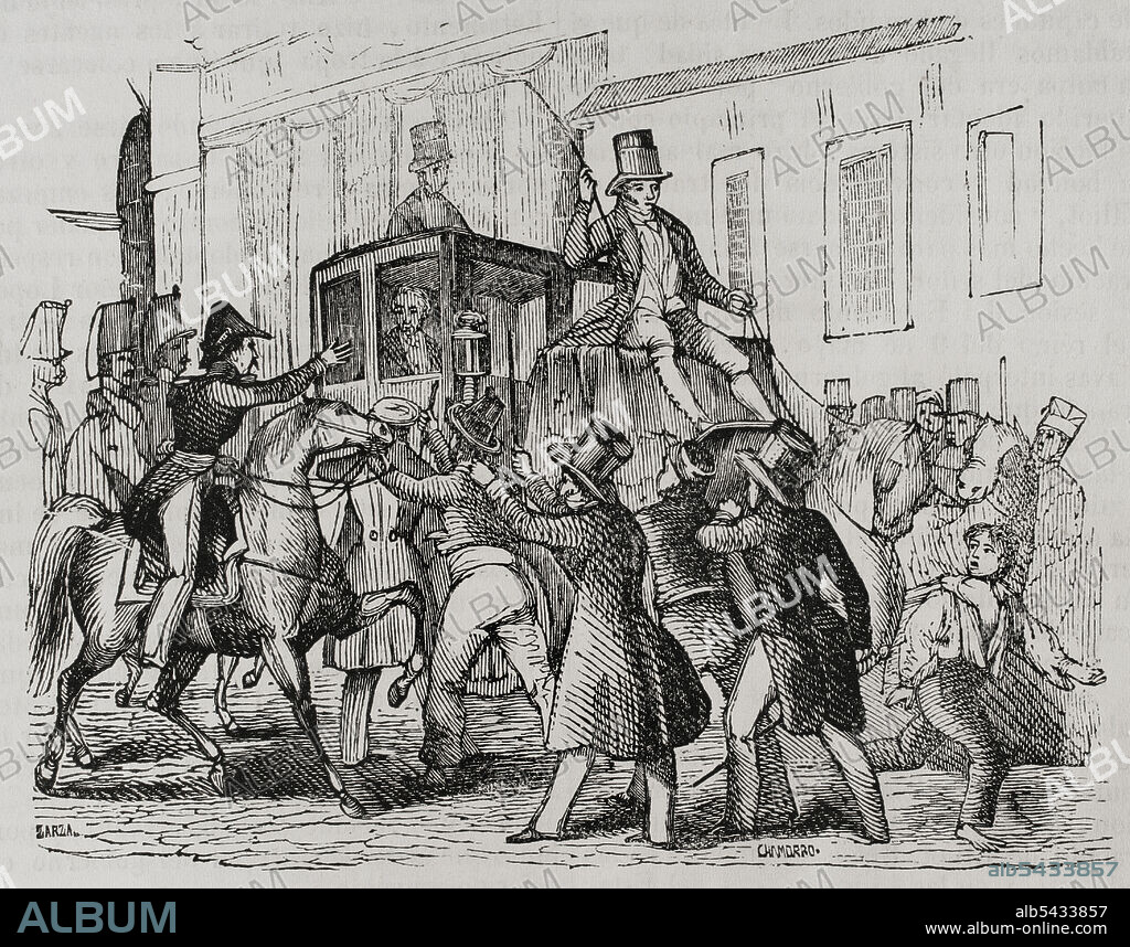 EUSEBIO ZARZA (1842-1881). SPANISH ARTIST. CHAMORRO. 19TH CENTURY-SPANISH ENGRAVER.. History of Spain. Government of Francisco Martínez de la Rosa (January 15, 1834 to June 7, 1835). At the end of the parliamentary session on May 10, 1835, where the government was accused by the treaty known as Eliot Treaty, a crowd broke into Martínez de la Rosa's carriage. Attack on Martínez de la Rosa. Illustration by Zarza. Engraving by Chamorro. Panorama Español, Crónica Contemporánea. Volume III. Madrid, 1845.