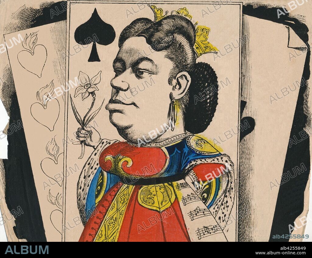 ANDRé GILL. 'Marie Sass (du théâtre de l'Opéra), 1867. Caricature of Belgian opera singer Marie Sasse (1834-1907), one of the leading sopranos at the Paris Opéra from 1860 to 1870. She is portrayed as the Queen of Spades, wearing a dress decorated with musical notes. From "Semaine Comique Illustree", 28 April 1867.
