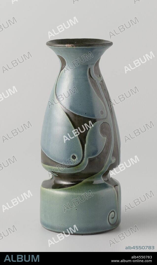 Vase with motifs stylized in sgrafitti technique, Vase of earthenware, decorated in sgrafitti technique with stylized motifs in blue green on brown-black ground. The cylindrical, rejuvenating vase is squeezed a few centimeters above the foot and has a flared neck. Brands: BREWERS POTTERY and monogram, both pressed. Furthermore, an unclear model number and possibly Holland., Willem C. Brouwer, Leiderdorp, c. 1905, earthenware, h 12.8 cm × d 5.5 cm.